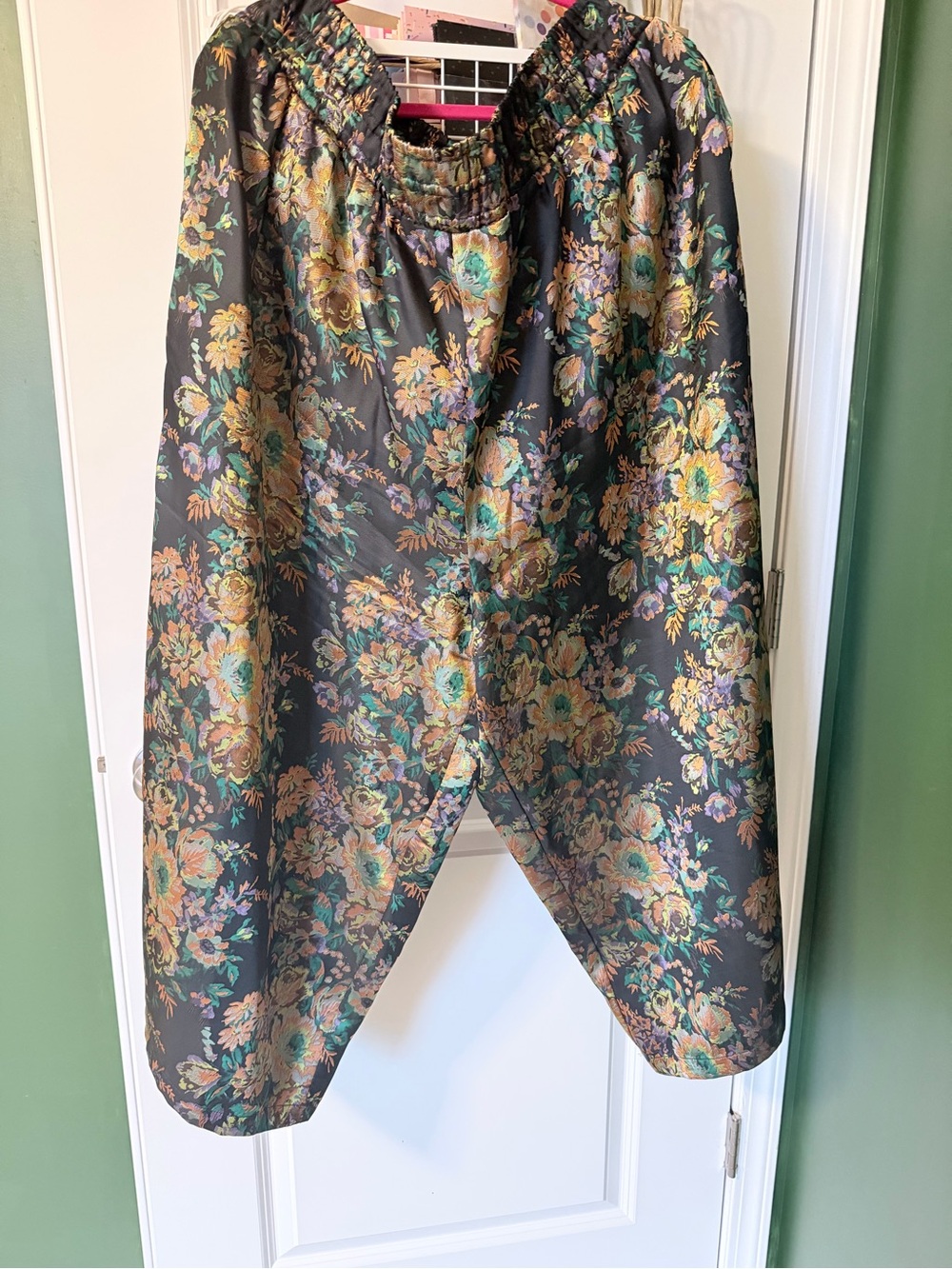 Anthropologie Black Satin Floral Lounge Pants with Gold Accents